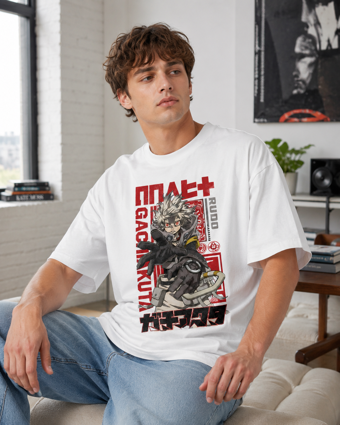 Heavyweight Acid-Washed Oversized T-Shirt – Vintage-Style "Rudo" Anime Graphic (Unisex)