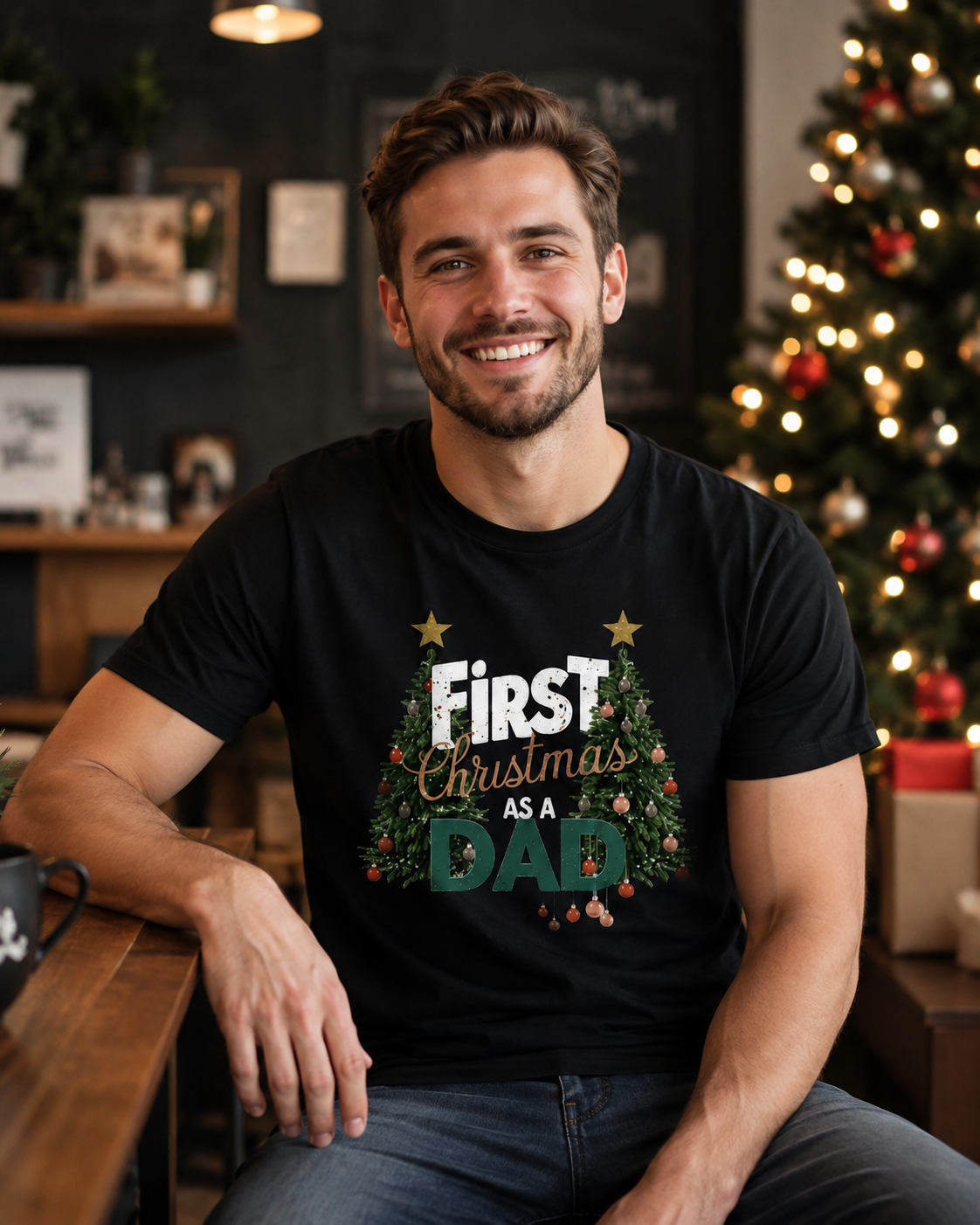 American-style washed retro print short-sleeved T-shirt for new dads' first Christmas - Heavyweight oversized men's holiday commemorative T-shirt.