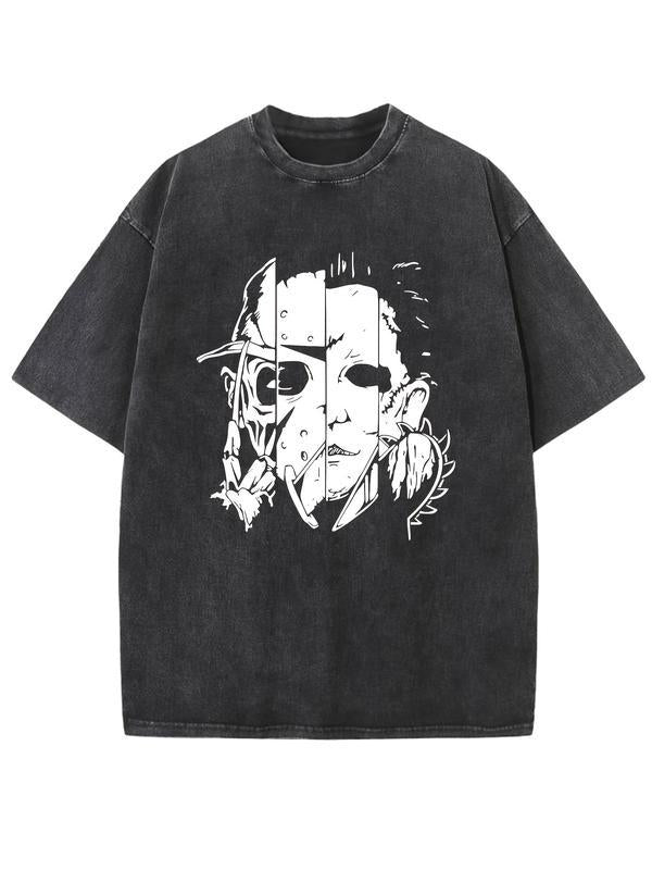 Double-sided printHalloween Theme Vintage Washed High Quality Cotton Patterned T-Shirt Men's T-Shirt Old Summer Clothing Drop Shoulder Sleeve Round Neck Tops Short Sleeve
