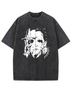 Double-sided printHalloween Theme Vintage Washed High Quality Cotton Patterned T-Shirt Men's T-Shirt Old Summer Clothing Drop Shoulder Sleeve Round Neck Tops Short Sleeve