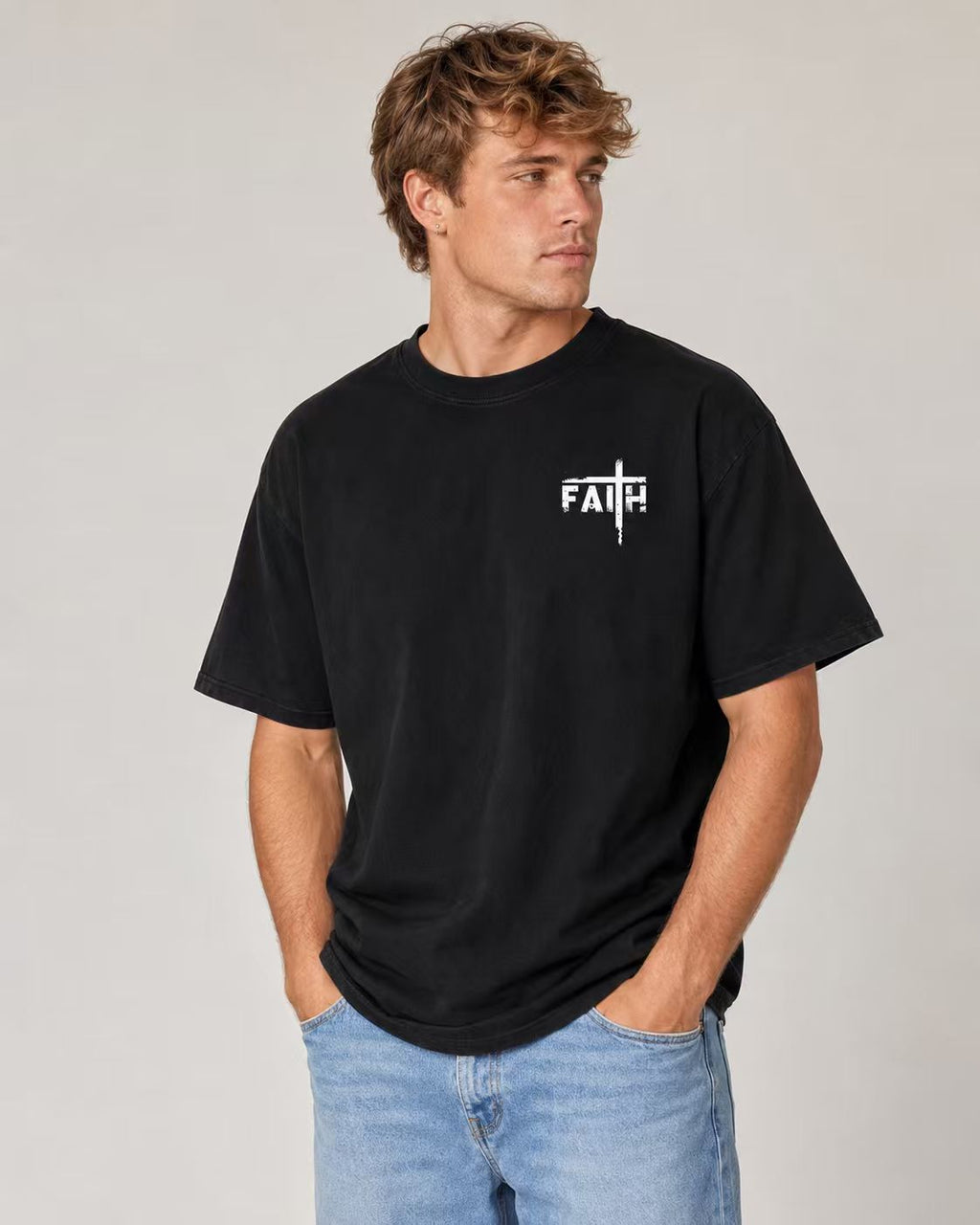 Men's Pure Cotton Vintage "FAITH" T-Shirt – Loose Fit, Drop-Shoulder, Short Sleeve – Tree of Life Cross Print