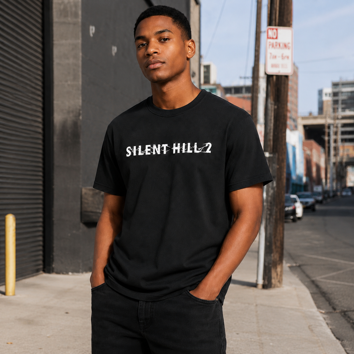 Horror-themed distressed black short-sleeve T-shirt; 100% cotton, oversized fit; *Silent Hill 2* poster-style vintage casual tee.