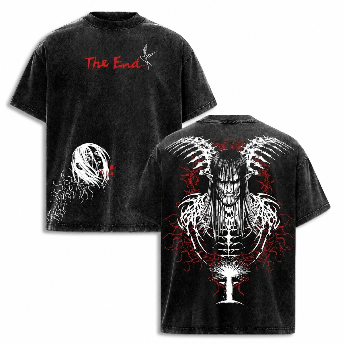 Attack On Titan Allen's End Rumbling Demon Totem Stonewashed Distressed T-Shirt, Drop-Shoulder Loose Fit, Heavyweight Cotton, European and Asian Cultural Unisex Retro Top for Couples