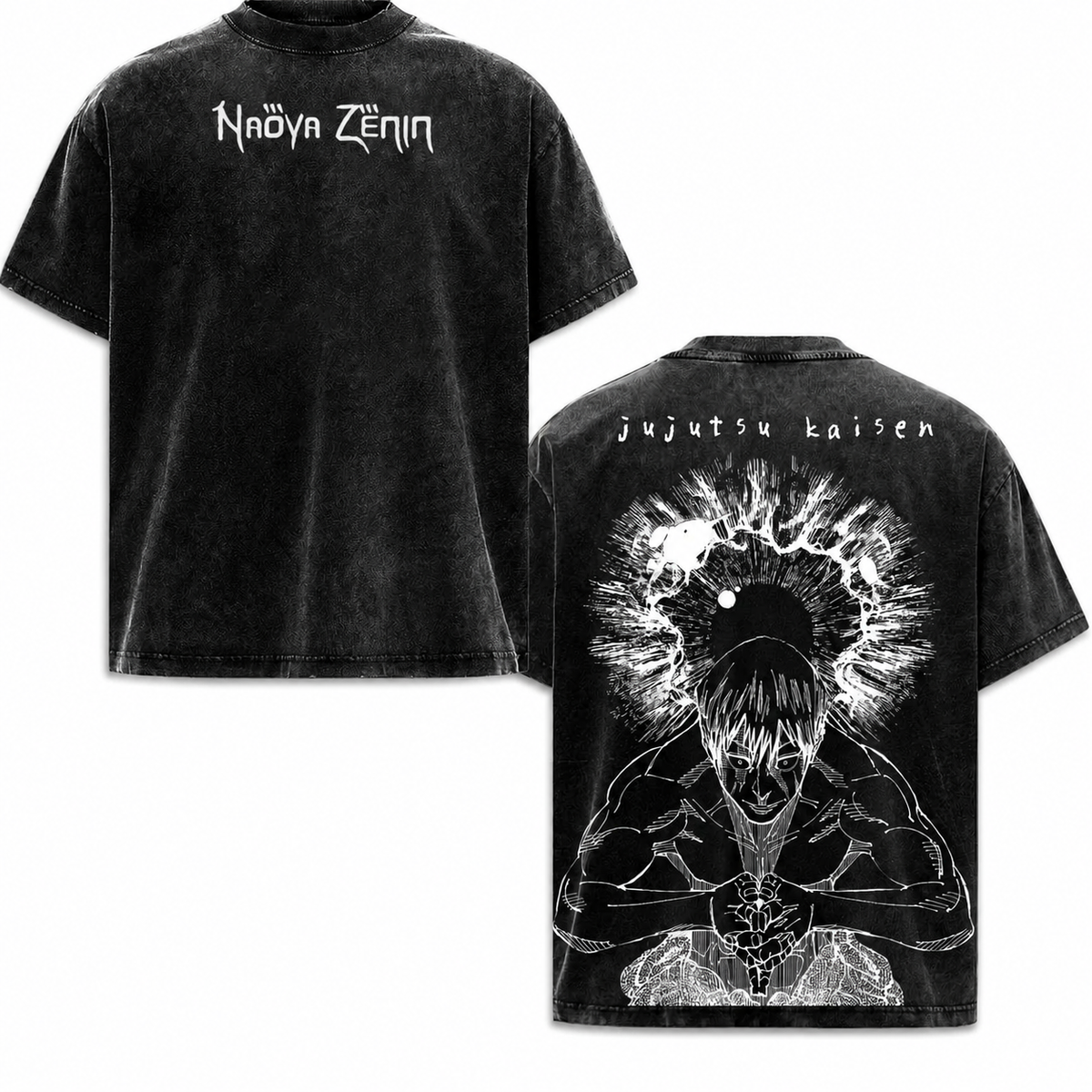 Vintage-Wash Short-Sleeve T-Shirt | *Jujutsu Kaisen* Naoya Line-Art Manga Double-Sided Print (Oversized/Unisex)