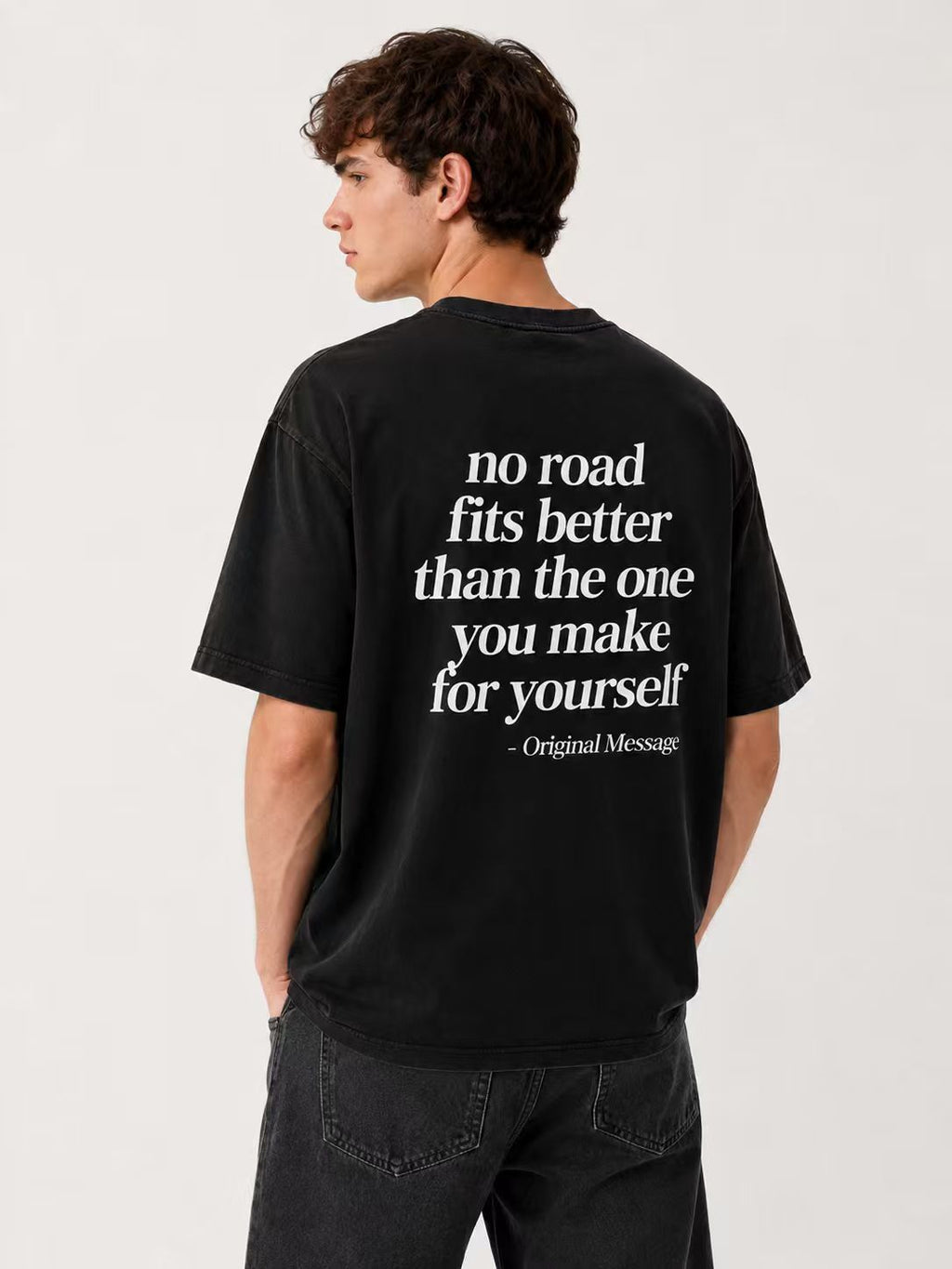 Heavyweight Pure Cotton Oversized T-Shirt – Washed & Distressed Finish, Double-Sided Print with Motivational Slogan; Minimalist American-Style Streetwear Top