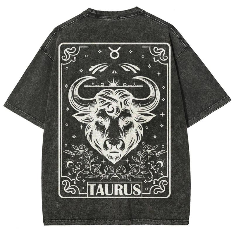 Taurus Tarot Card Double-sided Printed Unisex Washed T-shirt