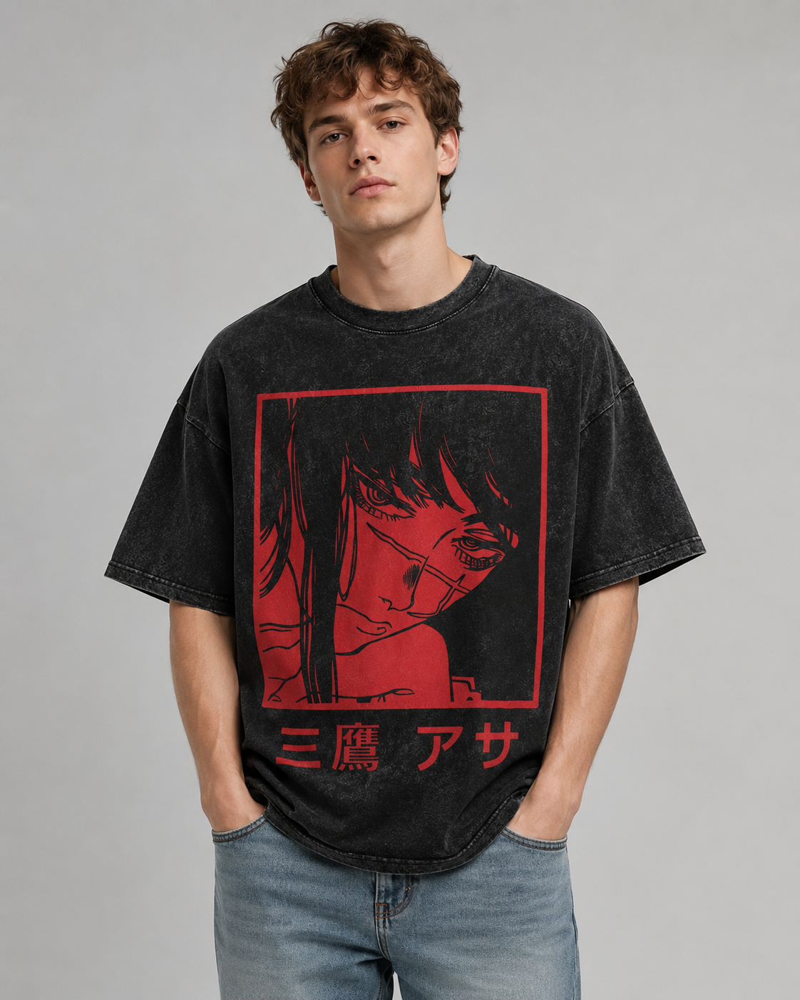 American-style acid-washed distressed short-sleeved T-shirt with red border and Japanese anime girl print. Heavyweight retro wash, oversized, loose fit, unisex.