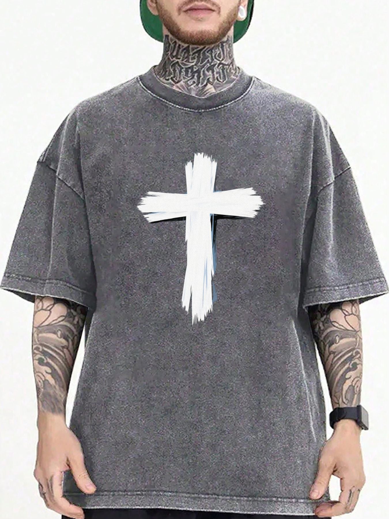 Men's 100% Cotton Vintage Distressed T-Shirt with White Cross Print - Soft Breathable Loose Fit Round Neck Short Sleeve, Beige Washed Retro Streetwear Tee Suitable for Hip Hop & Casual Wear, All-Season, Machine Washable