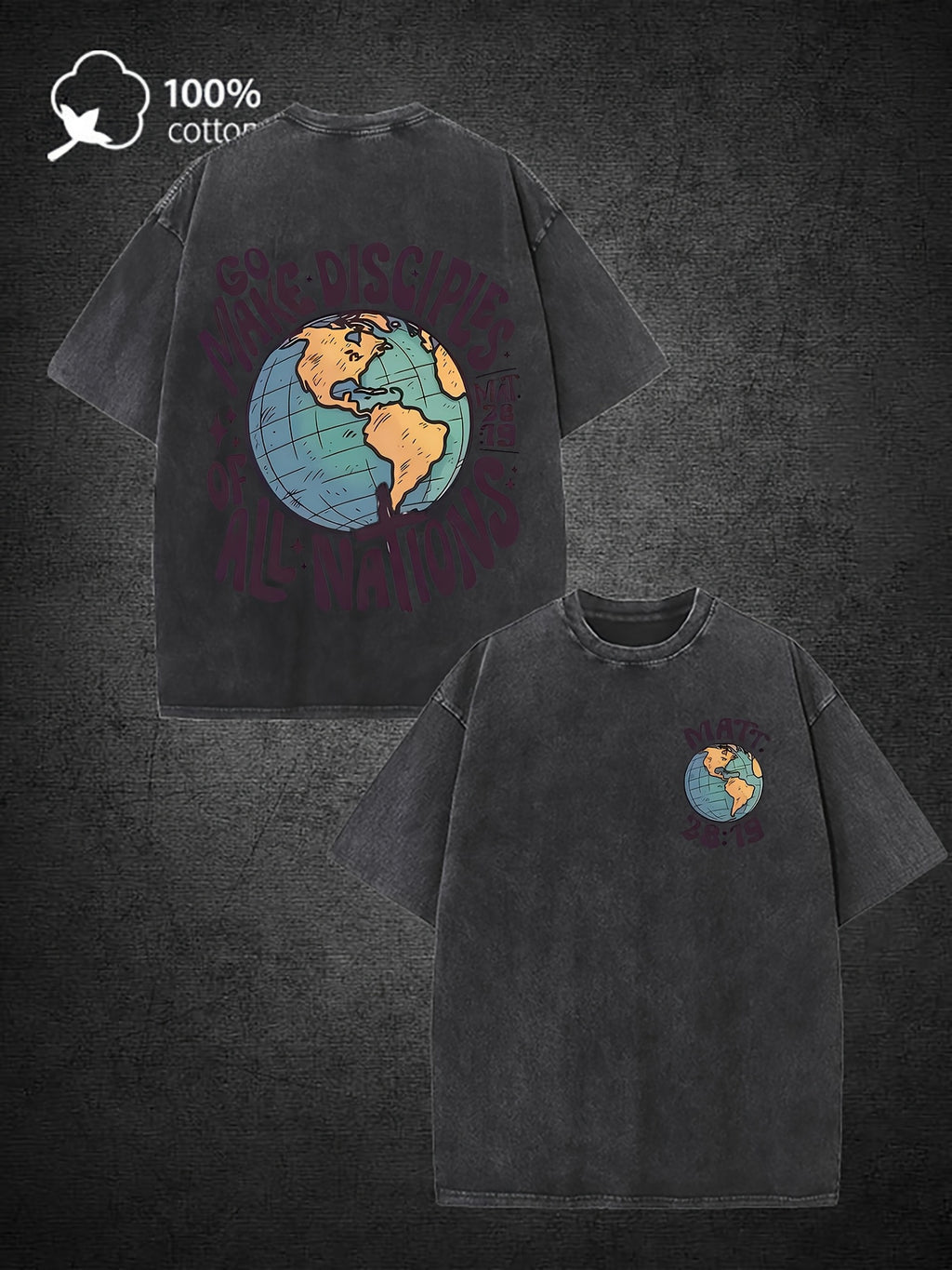 Men's 220g Heavy Washed Cotton Christian Mission T-Shirt - Vintage "Make All Nations My Disciples" Religious Tee, Loose Fit Round Neck Short Sleeve Church Apparel for Missionary & Casual Wear