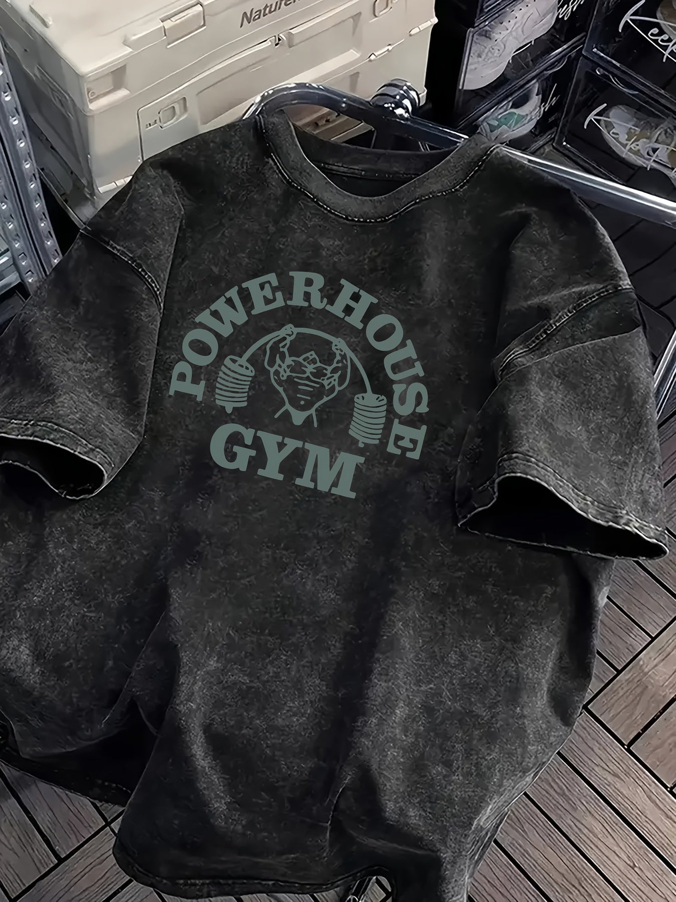 Men'S Heavyweight 100% Vintage Washed Gym T-Shirt | Loose Fit, Wide Shoulder Sleeves, Gorilla World Gym & Powerhouse Gym Graphic Print, Crew Neck, Suitable for Gym Tops, Weightlifting, Casual Wear, All-Season, Regular Fit