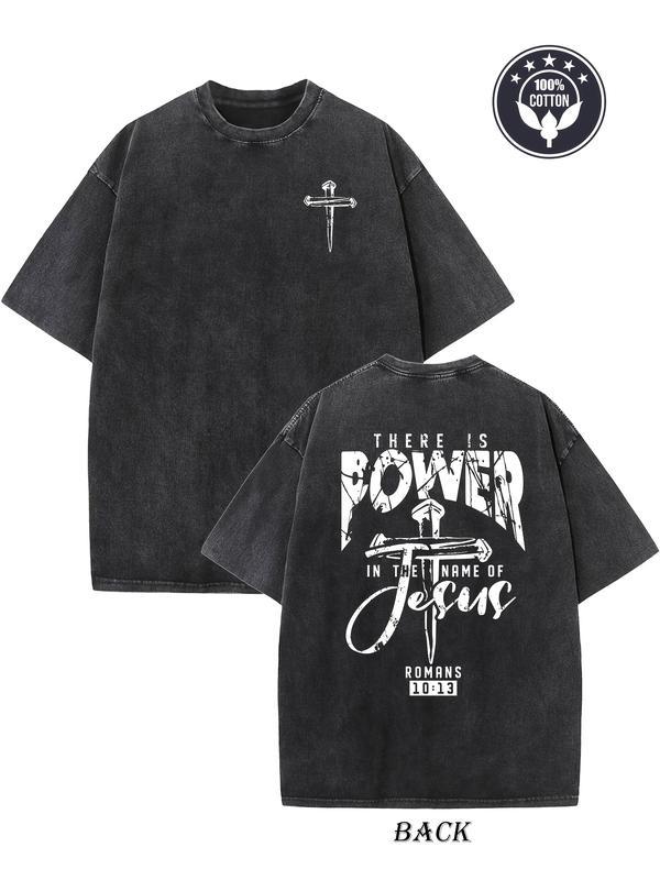 Men's heavyweight 230gsm vintage washed cotton T-shirt - double-sided "Name of Jesus" and cross pattern print, loose hip-hop street style drop shoulder design, machine washable daily casual shirt, vintage trendy neckline Menswear Top