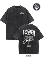 Men's heavyweight 230gsm vintage washed cotton T-shirt - double-sided "Name of Jesus" and cross pattern print, loose hip-hop street style drop shoulder design, machine washable daily casual shirt, vintage trendy neckline Menswear Top