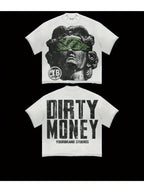 Men'S Heavyweight 180gsm Cotton T-Shirt - Vintage Y2K Graphic Tee with Statue of Liberty & Dirty Money Text - Loose Fit Crewneck Shirt for Everyday Streetwear - All-Season Casual Top (Machine Washable), Urban Style, Bold Print, Durable Construction, State