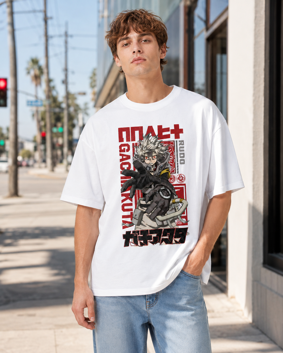 Heavyweight Acid-Washed Oversized T-Shirt – Vintage-Style "Rudo" Anime Graphic (Unisex)