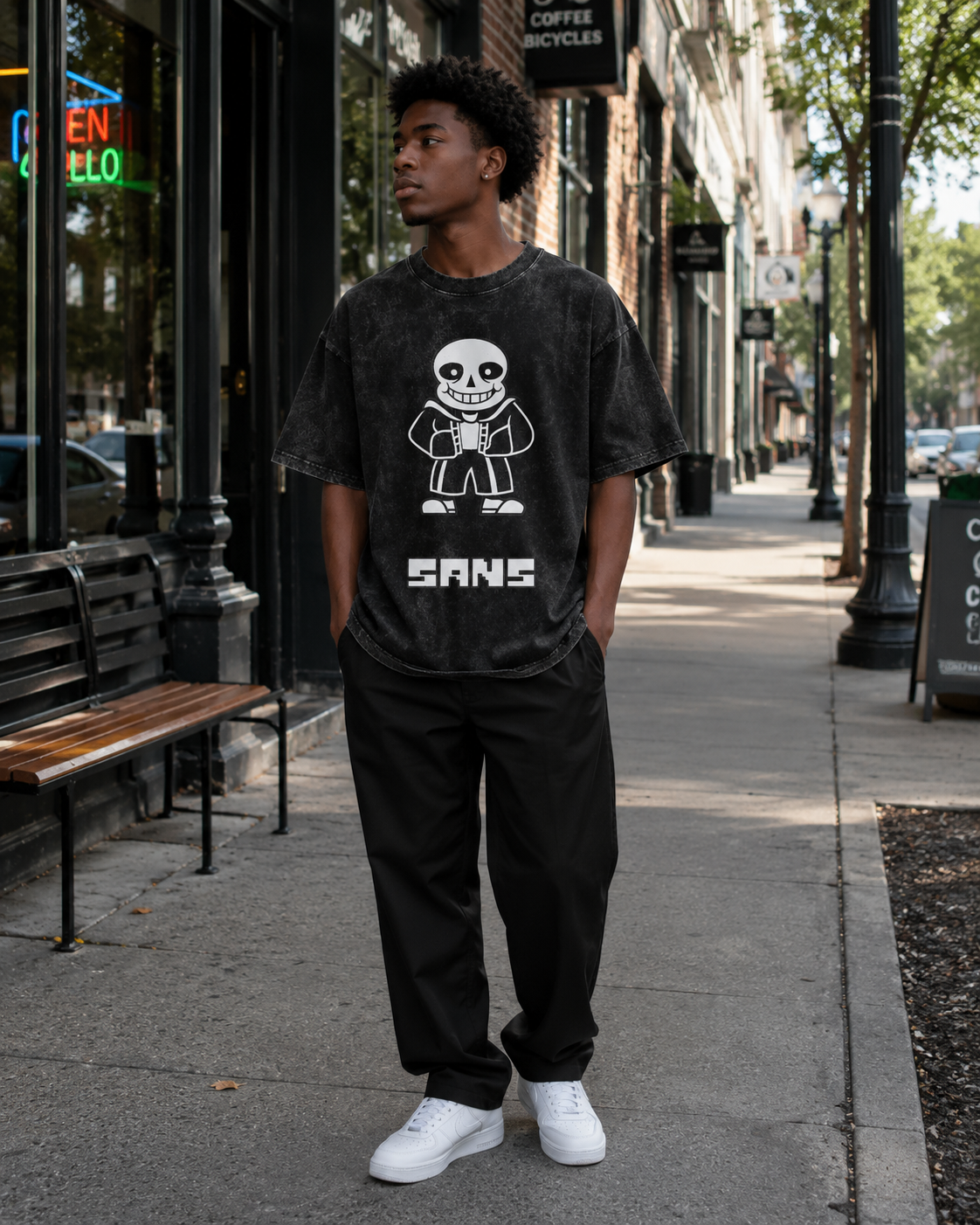 Undertale Sans Pixel Skull Stonewashed Distressed T-Shirt, Drop-Shoulder Loose Fit, Heavyweight Cotton, European and American Game Subculture Unisex Couple Retro Top