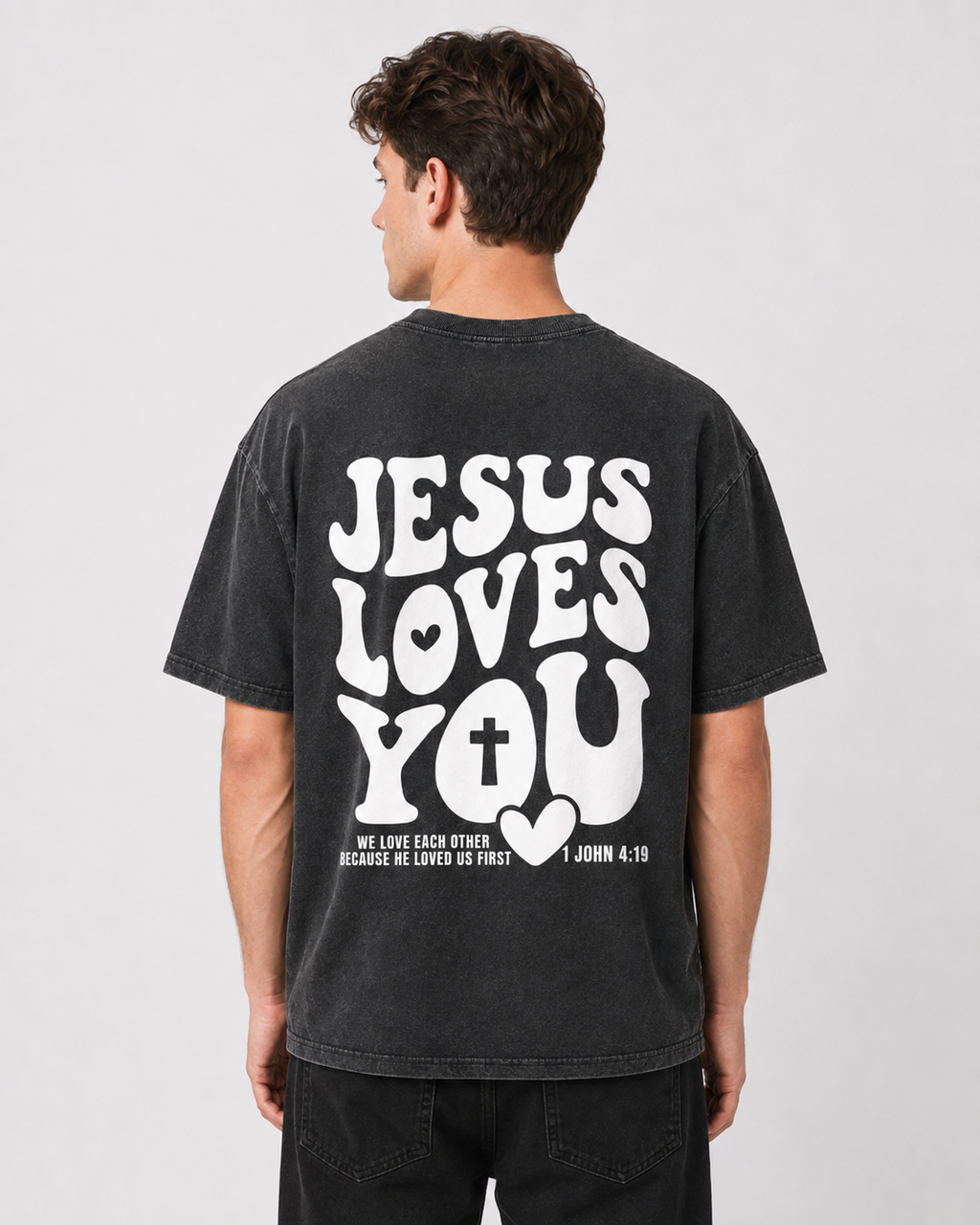Jesus Loves You Cross Double-sided Print Washed Distressed Short-Sleeve T-Shirt, American Heavyweight Pure Cotton Oversized Christian Retro Casual Unisex T-Shirt