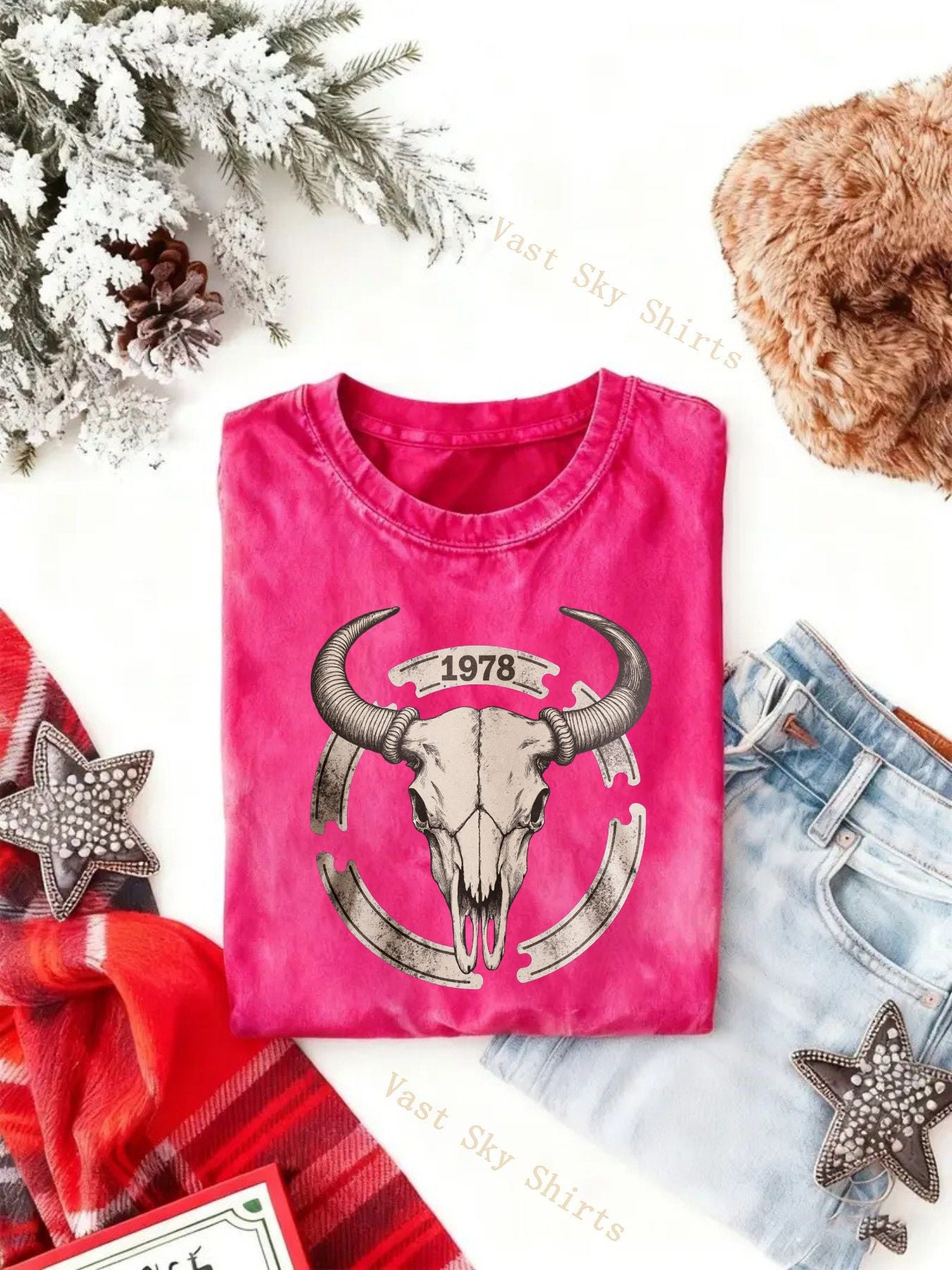Y2K Retro Style Round Neck T-Shirt | Washed Style, Bull Skull 1978 Print, Casual Party, Key Pattern, Faith Scene, Family Gathering, Church Activities, Holiday Gift | Perfect for Adults, All-season, Regular Fit
