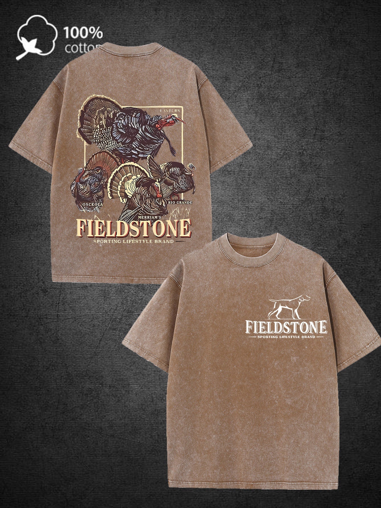 Men'S Heavyweight 220gsm 100% Vintage Hunting T-Shirt - Double-Sided Turkey & Outdoor Graphic Print, Distressed Washed Short Sleeve Tee for Casual Streetwear & Outdoor Activities, All-Season Fit (Fieldstone Design)