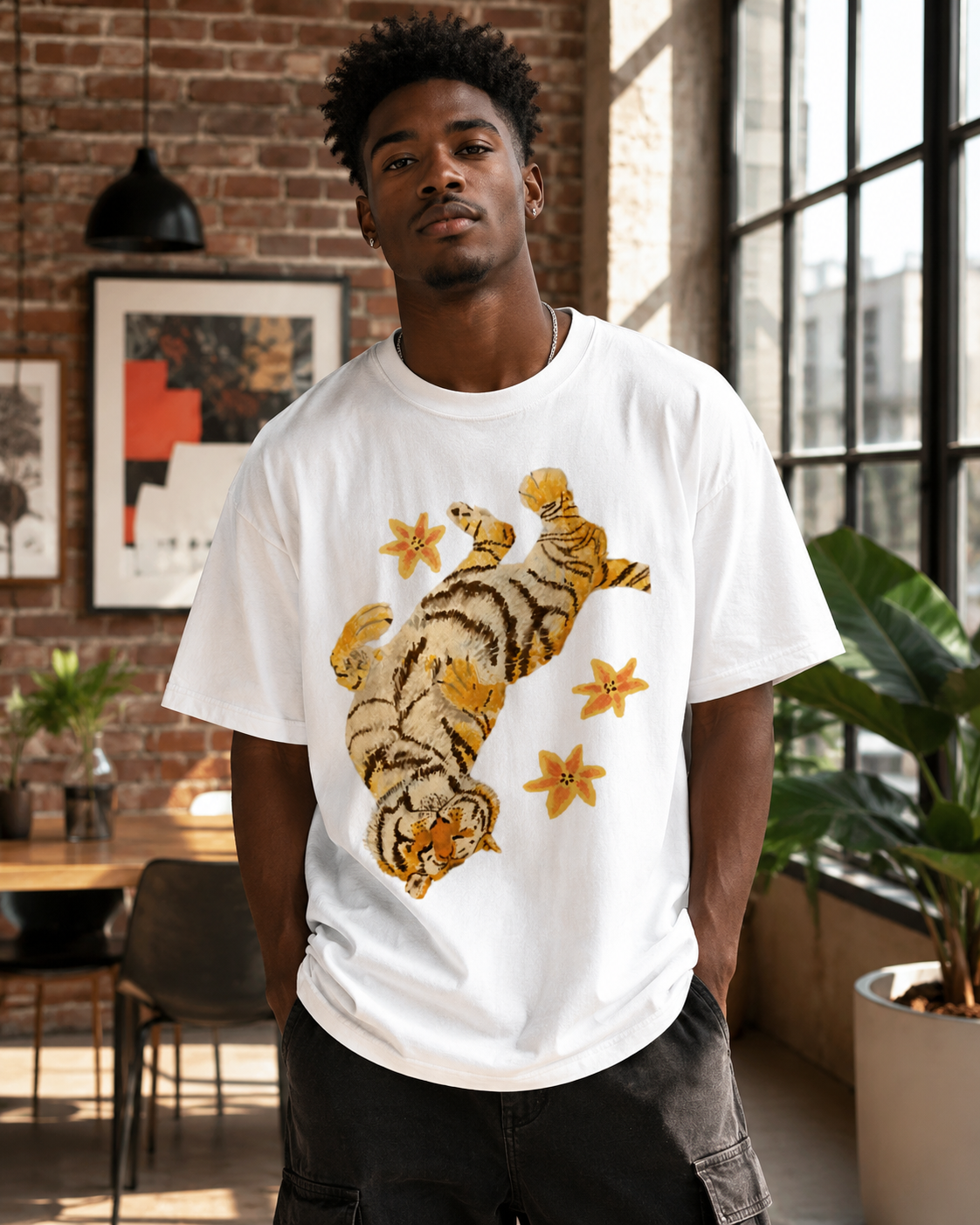 American-style acid-washed distressed, relaxed look with tiger and floral illustrations. Heavyweight vintage wash, oversized, loose fit, unisex T-shirt.