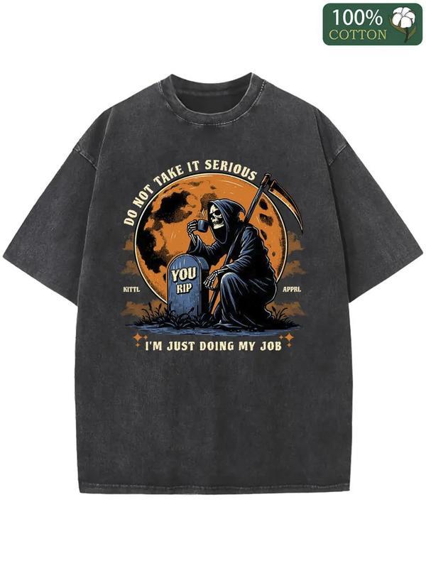 Men's Retro Graphic Cotton T-Shirt - "Don't Take It Serious" Skeleton Design, Black Casual Streetwear, 230g Washed Cotton, Perfect for Summer and Holiday Gifts