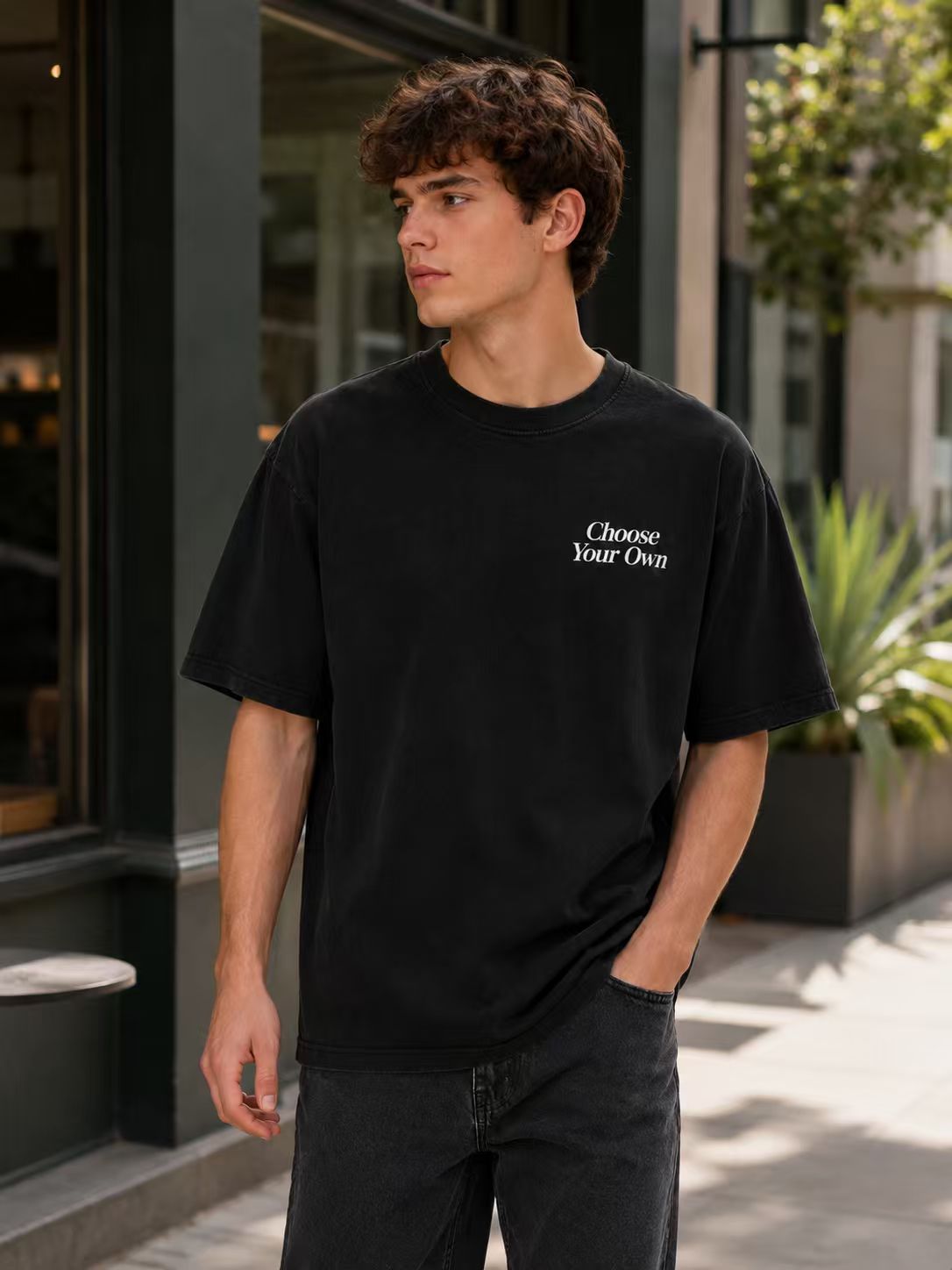 Heavyweight Pure Cotton Oversized T-Shirt – Washed & Distressed Finish, Double-Sided Print with Motivational Slogan; Minimalist American-Style Streetwear Top