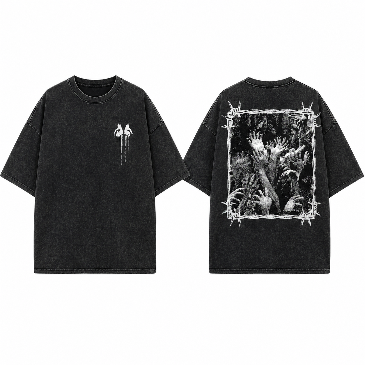 Unisex Washed/Distressed Short-Sleeve T-Shirt with "Zombie Hand & Thorns" Print – Dark High-Street Vintage Style