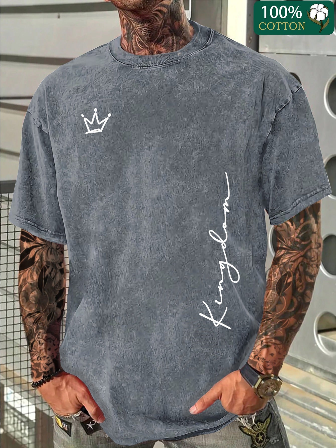 Luo Eise Men's Heavyweight 250gsm 100% Cotton Vintage T-Shirt with Crown & Letter Print, Breathable Round Neck Short Sleeve Casual Tee for Summer Streetwear, Retro Washed for all-Season1:1
