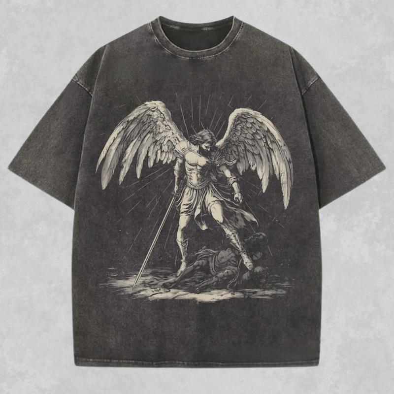 Archangel Michael Shirt Christian Streetwear Religious Gift for Him or Her Faith Apparel Comfort Tee Church Wear Catholic Clothing, Washed denim T-shirt, high quality T-shirt
