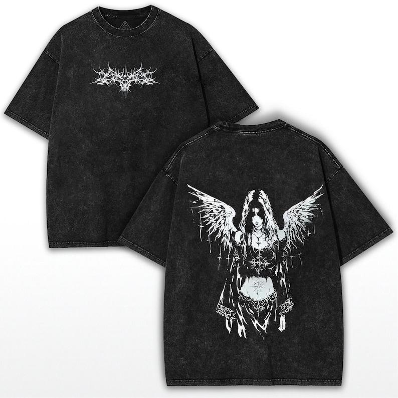 Y2K Gothic Angel Oversized T-Shirt – Sad Angel Washed Tee – Dark Aesthetic Streetwear – Vintage 2K Clothing for Men and Women Menswear Top