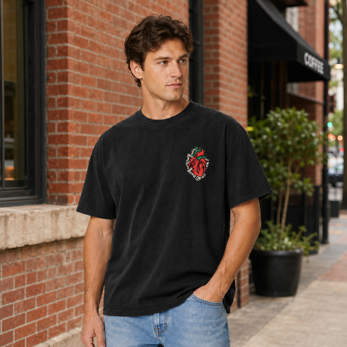 American-style "Proverbs 3:5" graphic T-shirt—oversized, 100% cotton, black with a vintage wash, and featuring double-sided prints.