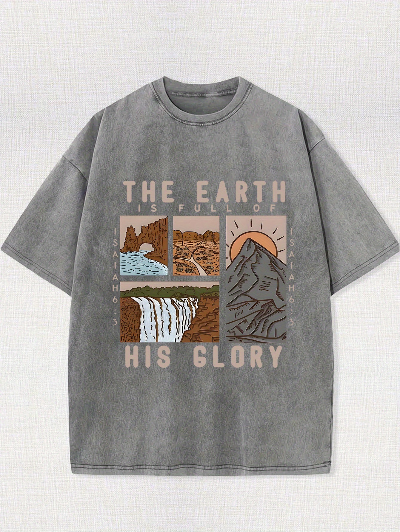 [Casual Style] Men's vintage washed cotton T-shirt - featuring the pattern of "The Earth is His Glory" and mountain and river prints, casual and loose-fitting, breathable short-sleeved T-shirt, suitable for casual wear and outdoor activities, vintage wash