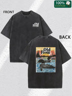 Washed Old Town Outdoor Terrace 4 Print | High-Quality 230g Vintage Batik Thickened Pure Men'S Fashion Casual Short Sleeve Round Neck T-Shirt
