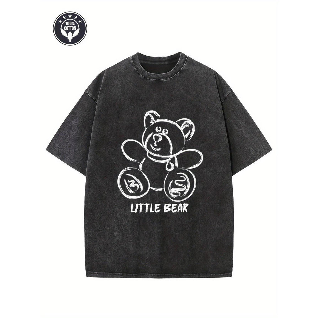 Retro Washed T-Shirt 230G, "Bear" Creative Pattern Printing, Heavy 230G Cotton Oversize Shoulder T-Shirt, Washed T-Shirt,Retro, Street T-Shirt, Basic T-Shirt, Loose Hip-Hop Men And Women, Top, Old, Washed T-Shirt