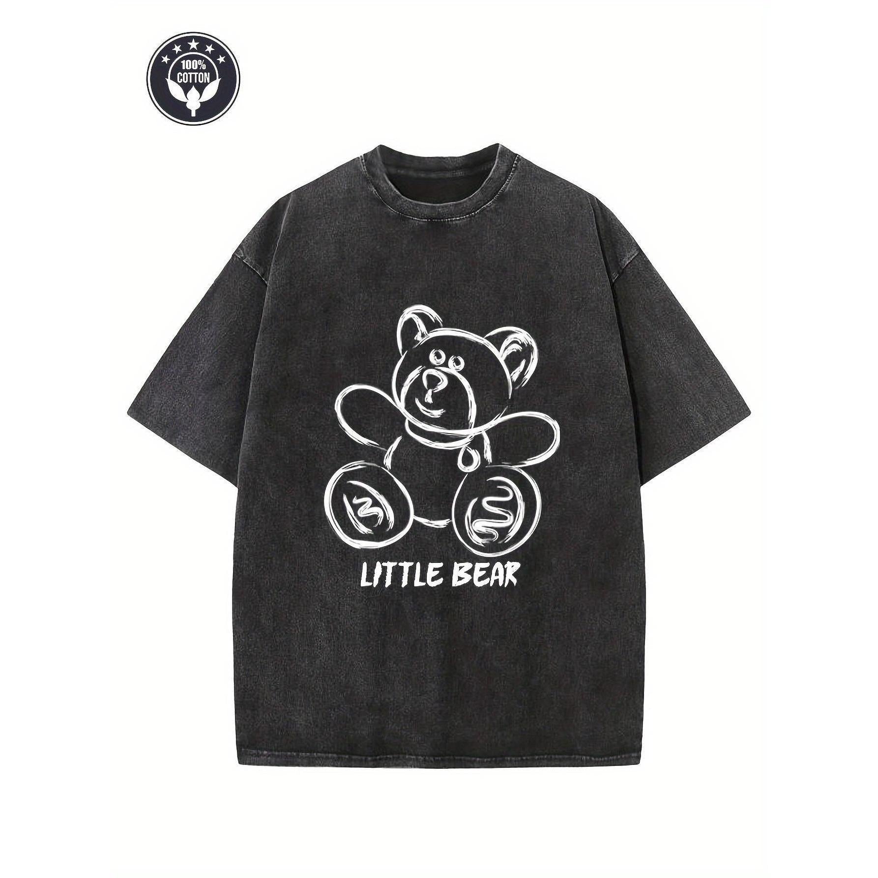 Retro Washed T-Shirt 230G, "Bear" Creative Pattern Printing, Heavy 230G Cotton Oversize Shoulder T-Shirt, Washed T-Shirt,Retro, Street T-Shirt, Basic T-Shirt, Loose Hip-Hop Men And Women, Top, Old, Washed T-Shirt