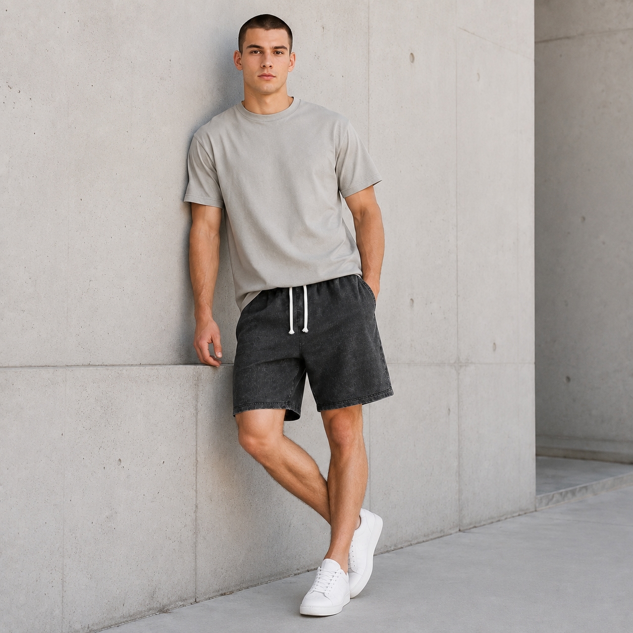 American-style vintage distressed-wash shorts; breathable cotton-blend athletic shorts; versatile, casual unisex style.