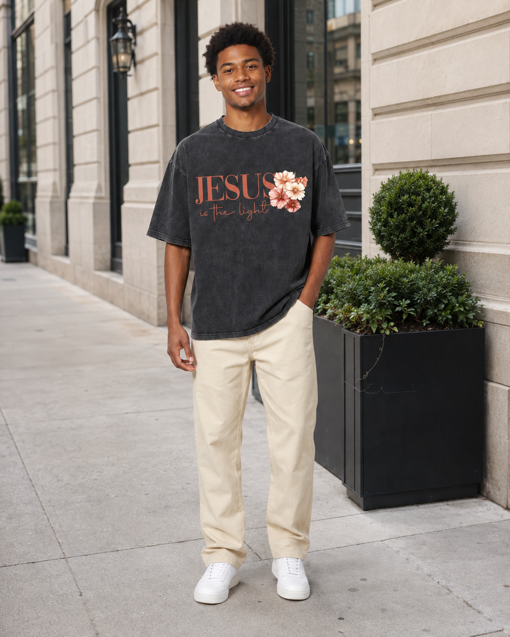 Vintage-Wash Short-Sleeve T-Shirt | "Jesus is the Light" – Oversized, Unisex, Double-Sided Print Featuring a Floral Cross and Faith-Inspired Design