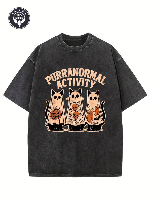 Men's & Women's Heavyweight 250gsm Vintage Washed Cotton T-Shirt - Turquoise Blue Distressed Oversized Fit with Paranormal Activity Graphic Print (Cats, Jack-O-Lanterns, Ghosts, Spooky Bats & Ecto-1 Design) - Casual Streetwear for Halloween & Po