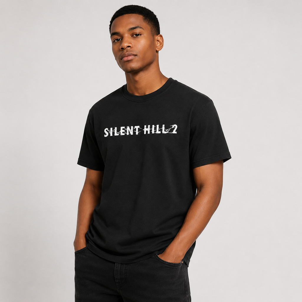 Horror-themed distressed black short-sleeve T-shirt; 100% cotton, oversized fit; *Silent Hill 2* poster-style vintage casual tee.