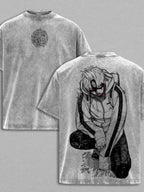 Men'S Heavyweight Washed Anime Manga T-Shirt - Shen Yuanchengji Jiji "Danda Dan" Retro Streetwear Graphic Tee with Japanese Manga Print