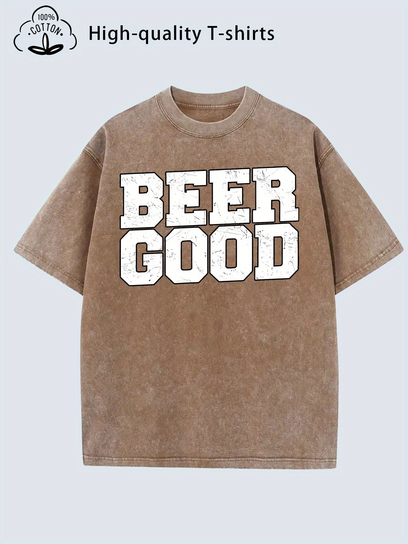 Men'S Vintage Distressed T-Shirt - Heavy Washed Retro Graphic Tee with "BEER" Print, Soft Breathable Fabric, Loose Fit Round Neck Shirt for Casual & Formal Outfits