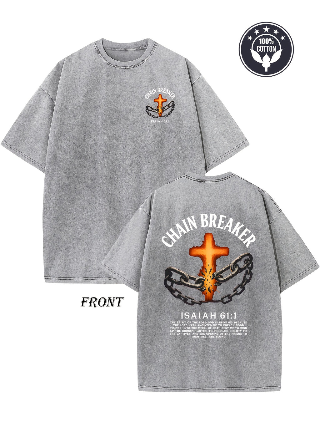Heavyweight 250g vintage washed cotton T-shirt - featuring a chain breaker Christian faith pattern, printed with Isaiah 58:1 Bible verse double-sided print, drop shoulder loose fit, unisex streetwear, casual church attire and daily wear, hip-hop style, du
