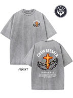 Heavyweight 250g vintage washed cotton T-shirt - featuring a chain breaker Christian faith pattern, printed with Isaiah 58:1 Bible verse double-sided print, drop shoulder loose fit, unisex streetwear, casual church attire and daily wear, hip-hop style, du