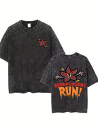 Couples Vintage Washed Printed T Shirt Flower Pattern Embroidered Design Round Neck Short Sleeve Loose Fit Straight Hem Graphic Tee