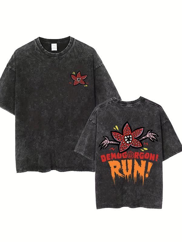 Couples Vintage Washed Printed T Shirt Flower Pattern Embroidered Design Round Neck Short Sleeve Loose Fit Straight Hem Graphic Tee