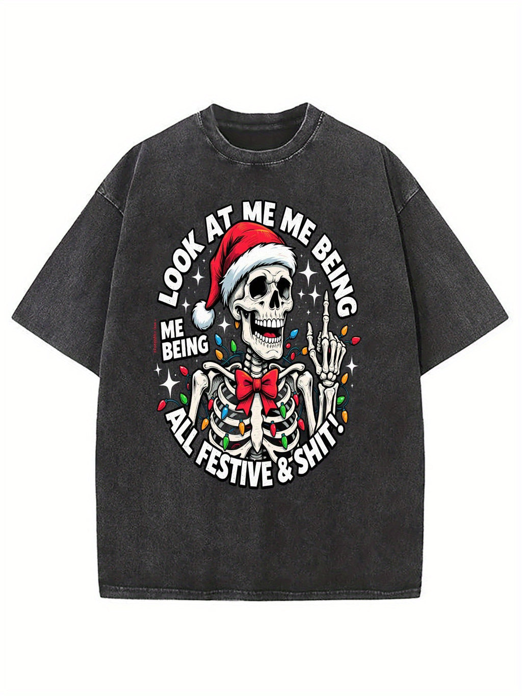 Funny and Sarcastic Christmas "Look How Festive I Am" Slogan | Soft Breathable Blend Loose Casual Black and Blue Retro Washed Crew Neck Unisex Adult Casual Party Wear | Trendy Humorous Christmas Party Outfit, Machine Washable