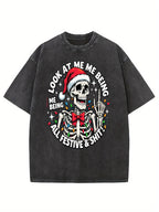 Funny and Sarcastic Christmas "Look How Festive I Am" Slogan | Soft Breathable Blend Loose Casual Black and Blue Retro Washed Crew Neck Unisex Adult Casual Party Wear | Trendy Humorous Christmas Party Outfit, Machine Washable