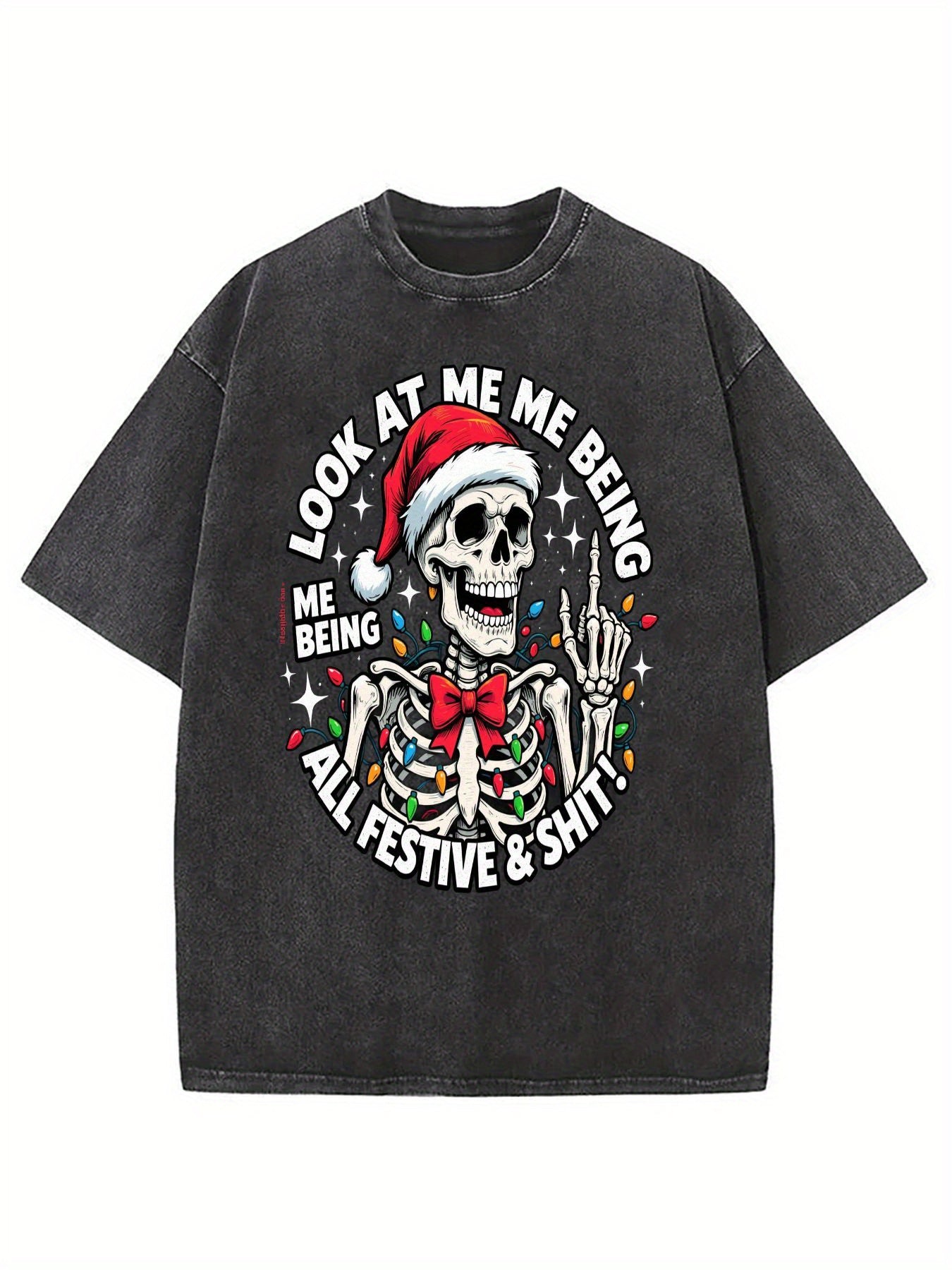 Funny and Sarcastic Christmas "Look How Festive I Am" Slogan | Soft Breathable Blend Loose Casual Black and Blue Retro Washed Crew Neck Unisex Adult Casual Party Wear | Trendy Humorous Christmas Party Outfit, Machine Washable