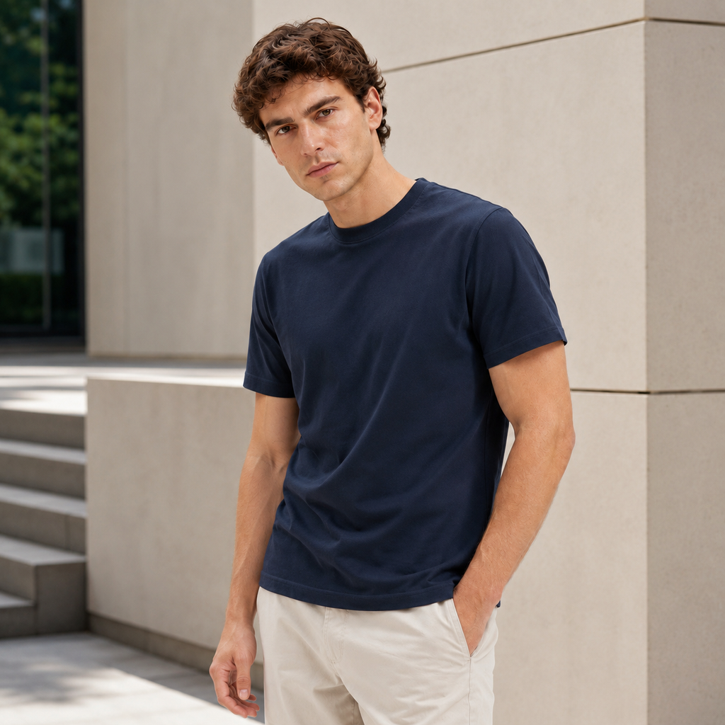 Men's Navy Pure Cotton Crew-Neck Short-Sleeve T-Shirt — A durable, timeless staple.