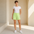 American vintage-style "dirty wash" shorts; distressed, faded, cotton-feel athletic shorts; versatile, casual unisex style.