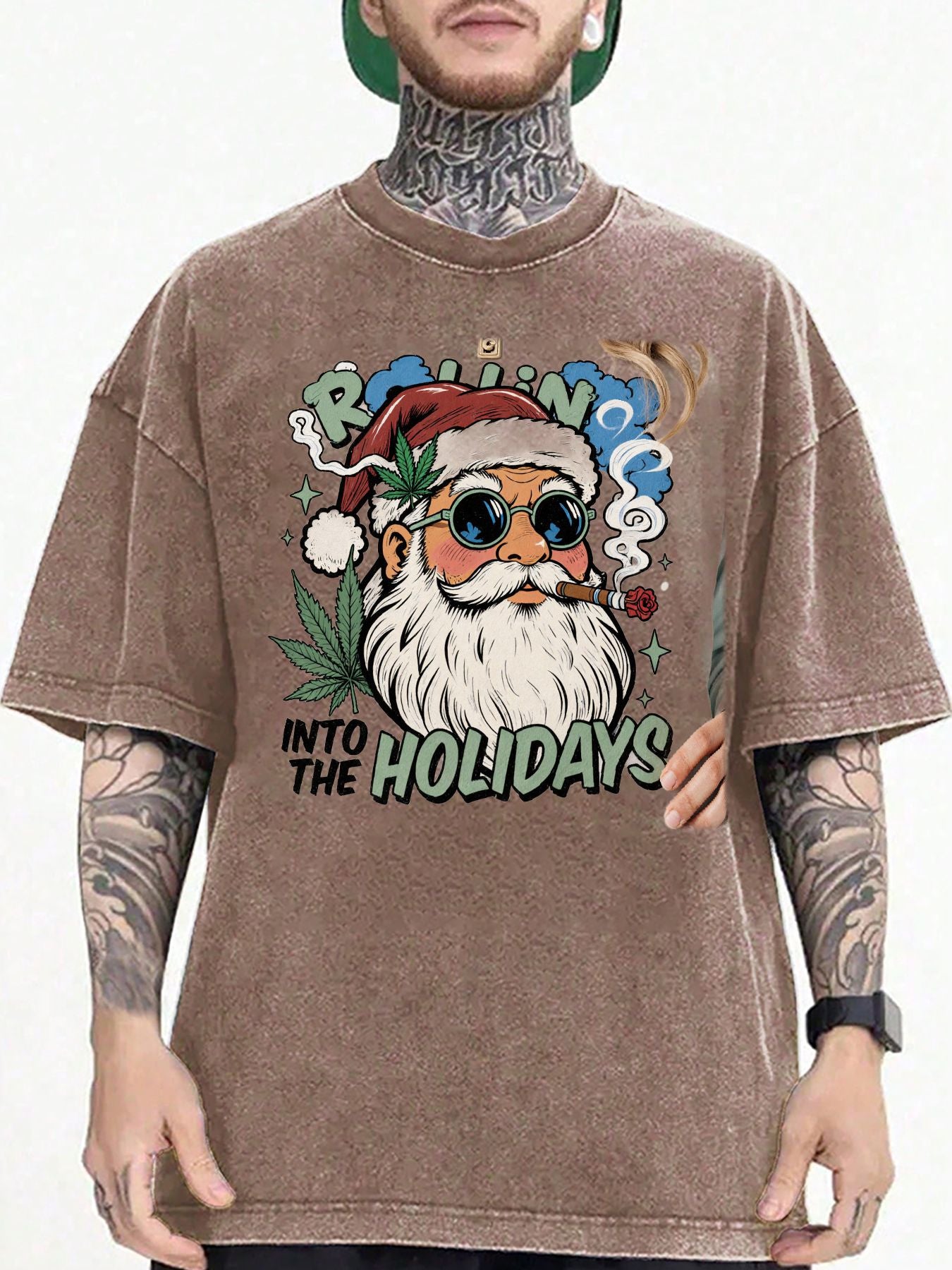 Men's & Women's Vintage Christmas "Into The Holidays" T-Shirt - Oversized Soft Breathable Fabric with Rolling Santa & Leaf Distressed Retro Street Style - Unisex Casual Crew Neck Short Sleeve Top for Year-Round Wear & Holiday Parties